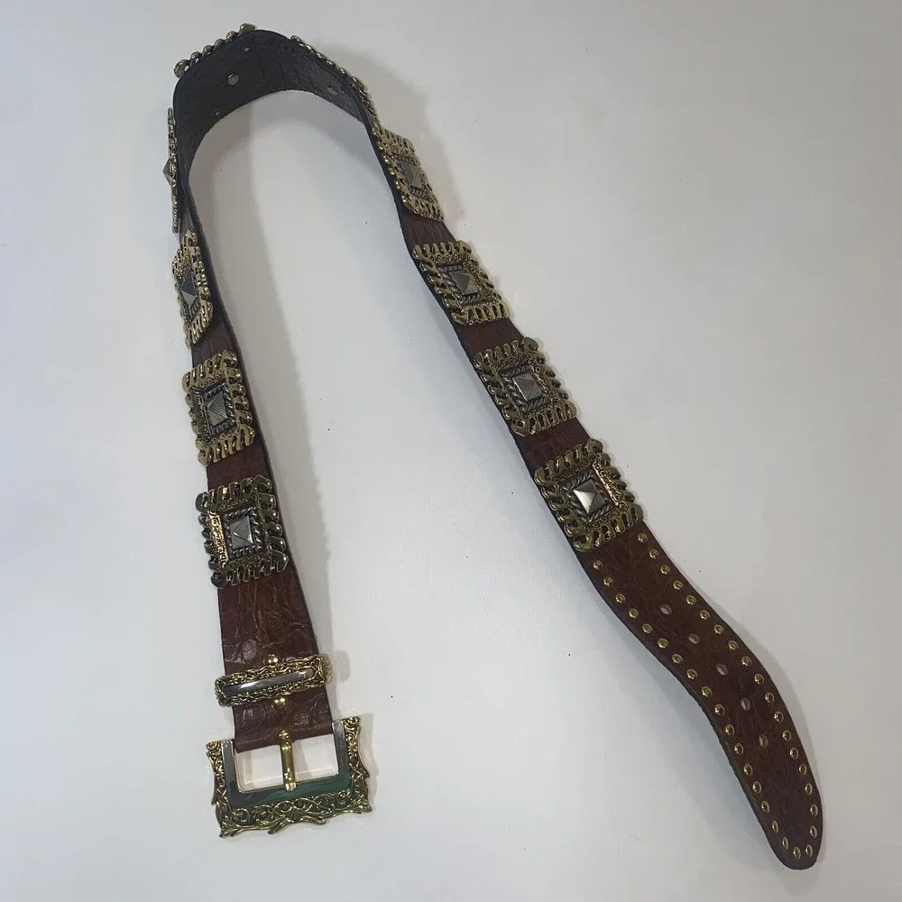 NANNI Italy Brown Leather Silver Gold Stud Belt Croc Boho Stud Size 85/34 - Picture 3 of 9